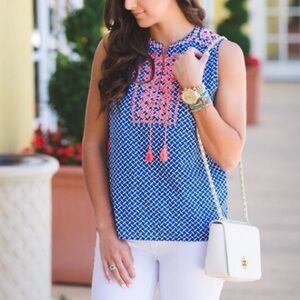 🍒 J. Crew blue geometric cotton tunic sleeveless shirt top